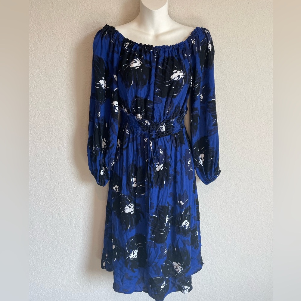a new day Blue Floral Cinch Waist Long Sleeve Swing Dress size S